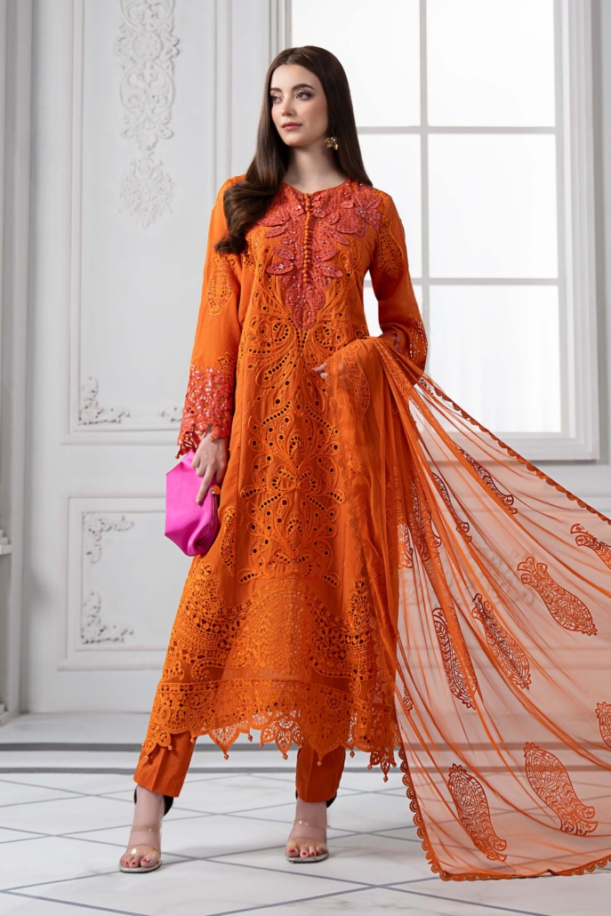 3 Piece Embroidered Paper Cotton Suit  DS-2505-B
