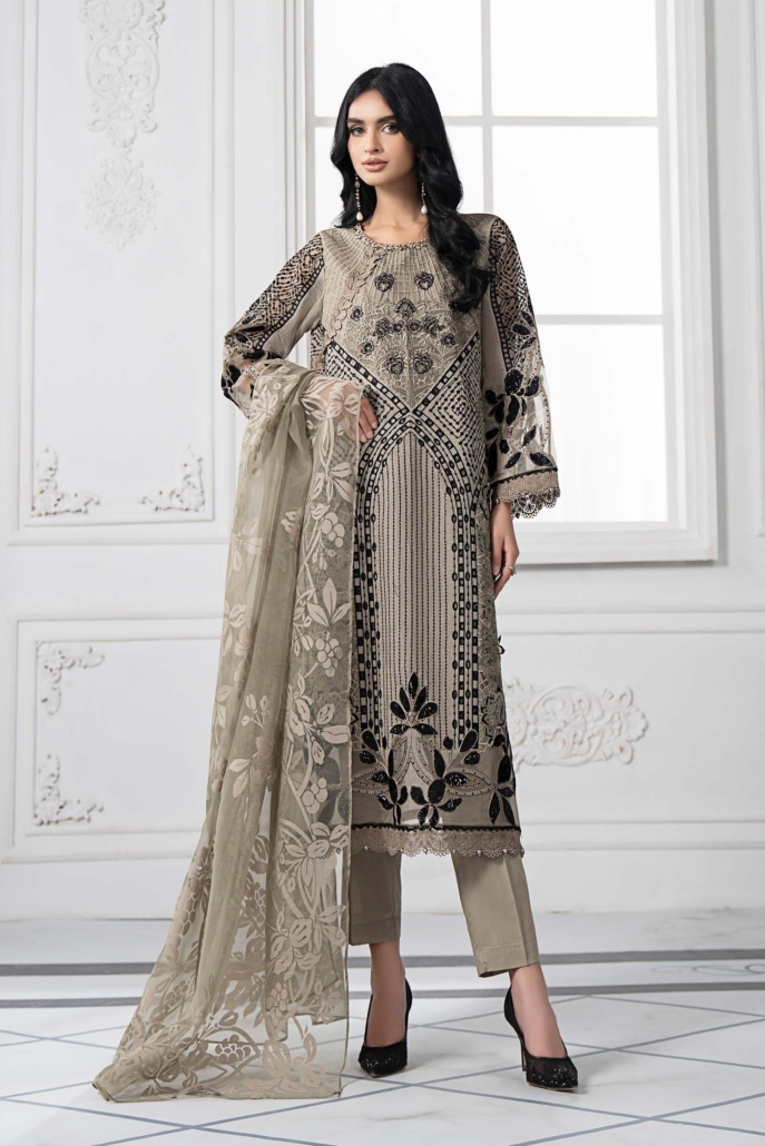 3 Piece Embroidered Paper Cotton Suit  DS-2510-B