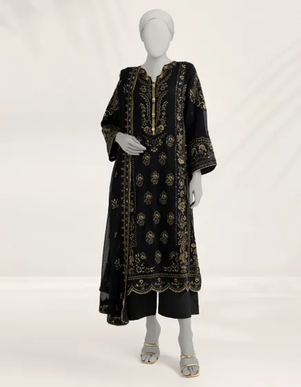 BLACK EMBROIDERED CHIFFON 3PC STITCHED