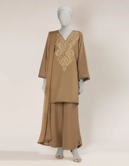 BROWN EMBROIDERED KHADDAR 3PC STITCHED