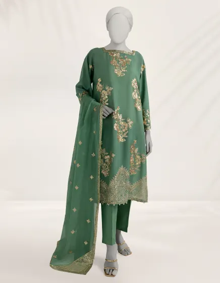 GREEN EMBROIDERED COTTON NET 3PC STITCHED