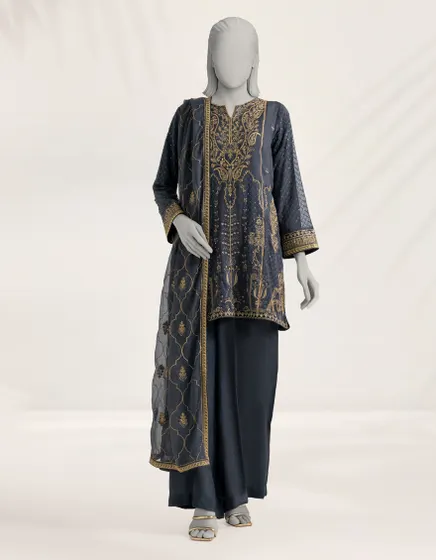 GREY EMBROIDERED CHIFFON 3PC STITCHED