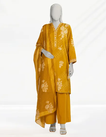 YELLOW DIGITAL PRINTED DORIA 3PC STITCHED